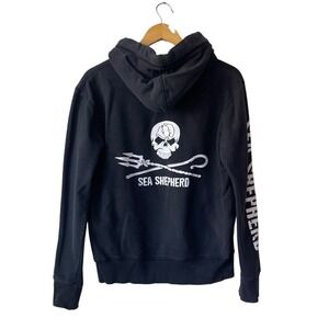 Sea Shepherd Black Skull Trident Graphic Hoodie Sweatshirt Size S Organic Cotton